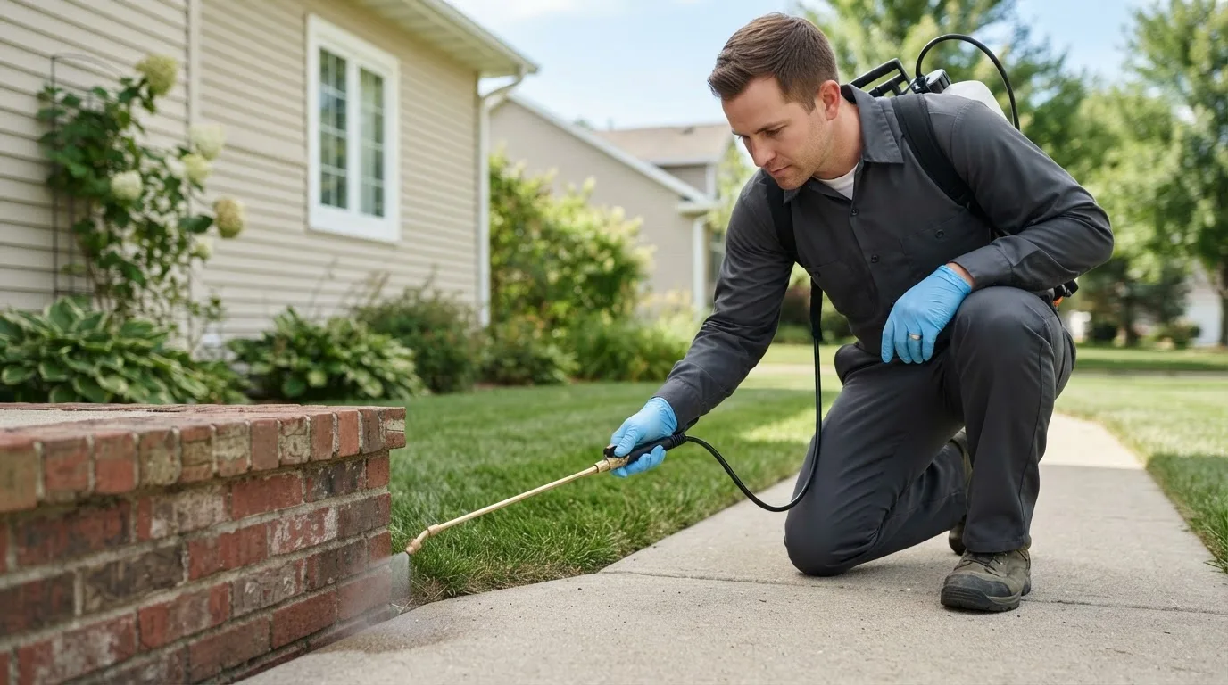Pest control technician treating a home near East Rochester, NY