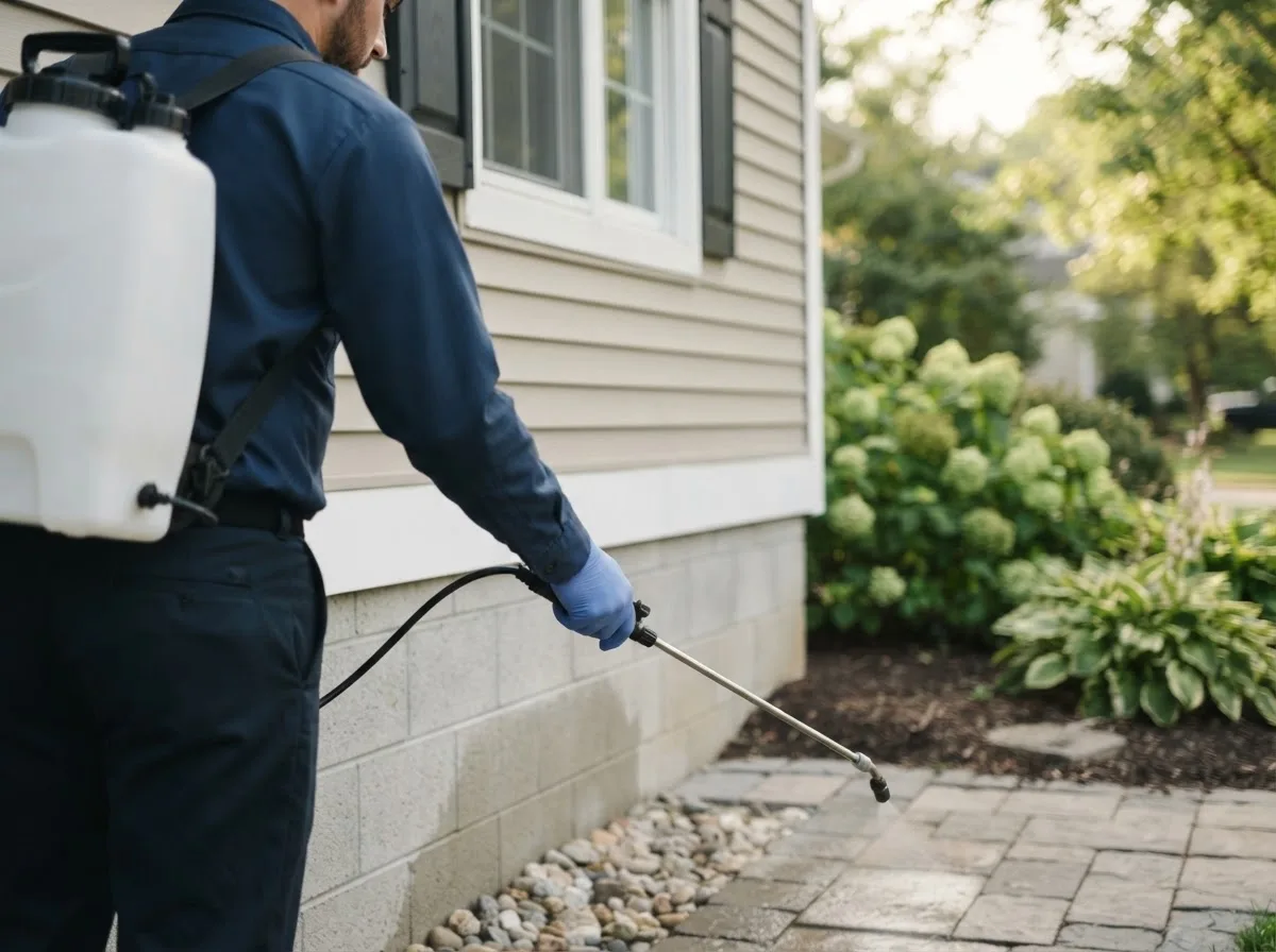 Pest control technician inspecting a home in East Rochester, NY